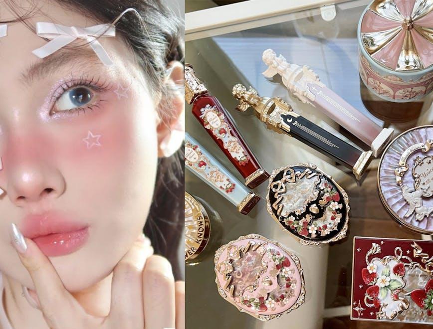 head person face cosmetics bottle perfume jewelry locket pendant makeup